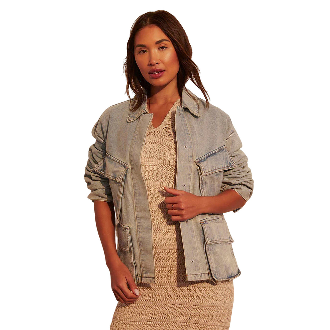 Damen Oversize-Utility-Denimjacke mit großen Pattentaschen und knöpfbarer Front Drune