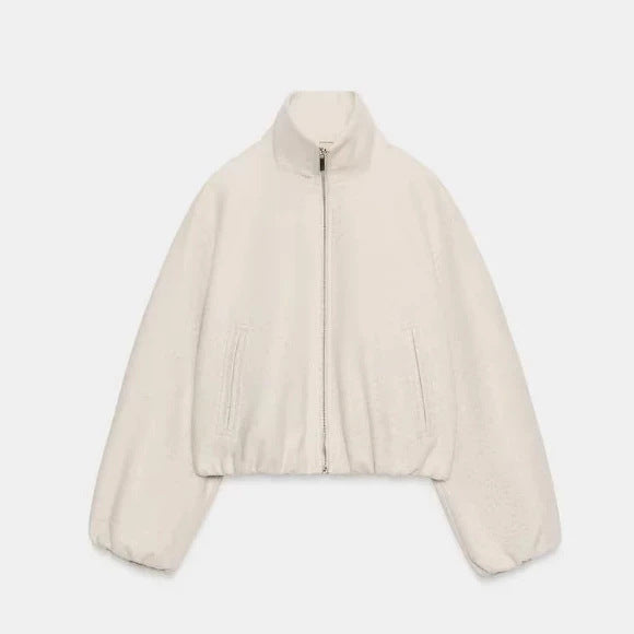 Damen Kurz geschnittene Bouclé‑Blousonjacke mit Stehkragen, elastischem Saum und Ballonärmeln Drune