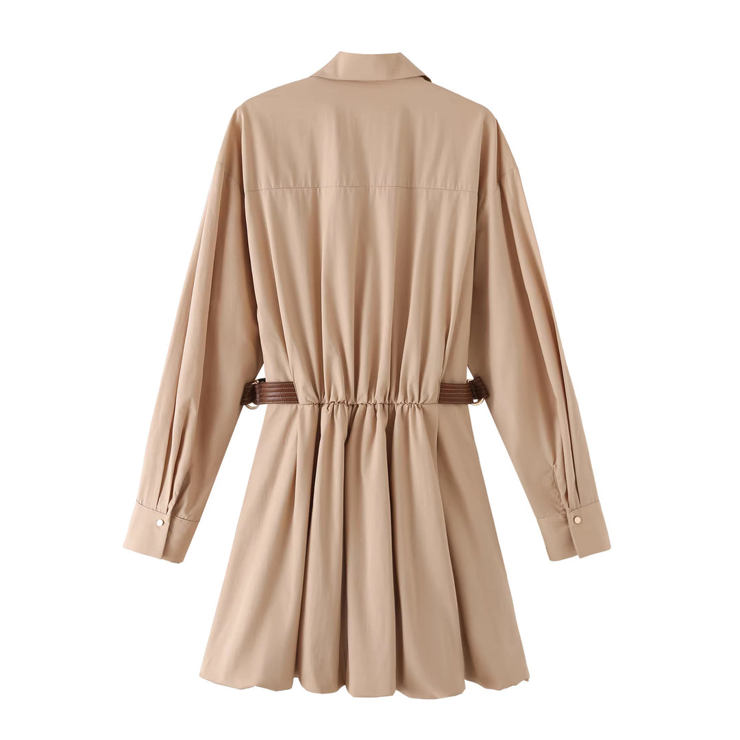 Damen Hemdblusenkleid mit Taillen-Tunnelzug, plissiertem Rock und Hemdkragen Drune
