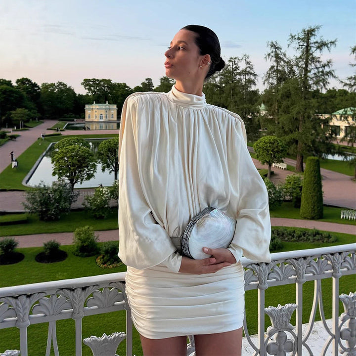 Damen Elegantes Drapiertes Mini-Kleid mit Stehkragen, Ballonärmeln und gerafftem Rock Drune