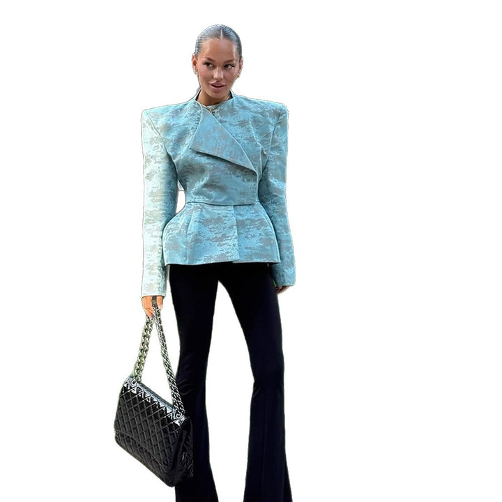 Damen Taillierter Jacquard-Blazer mit betonten Schultern, Schößchen und asymmetrischem Revers Drune