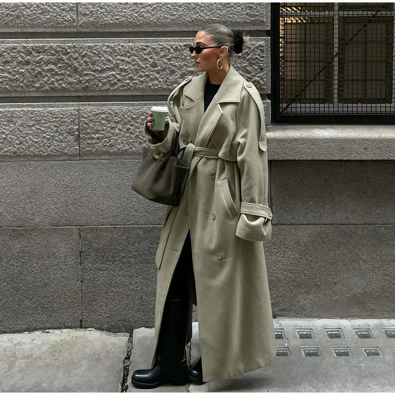 Damen 300+ langer oversized Trenchcoat mit Taillengürtel und Schulterpatten Drune