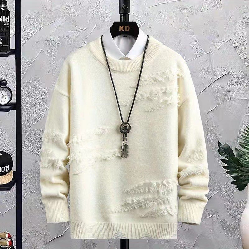 Herren Oversized Strickpullover mit Fransen‑Used‑Details und Rundhalsausschnitt Drune