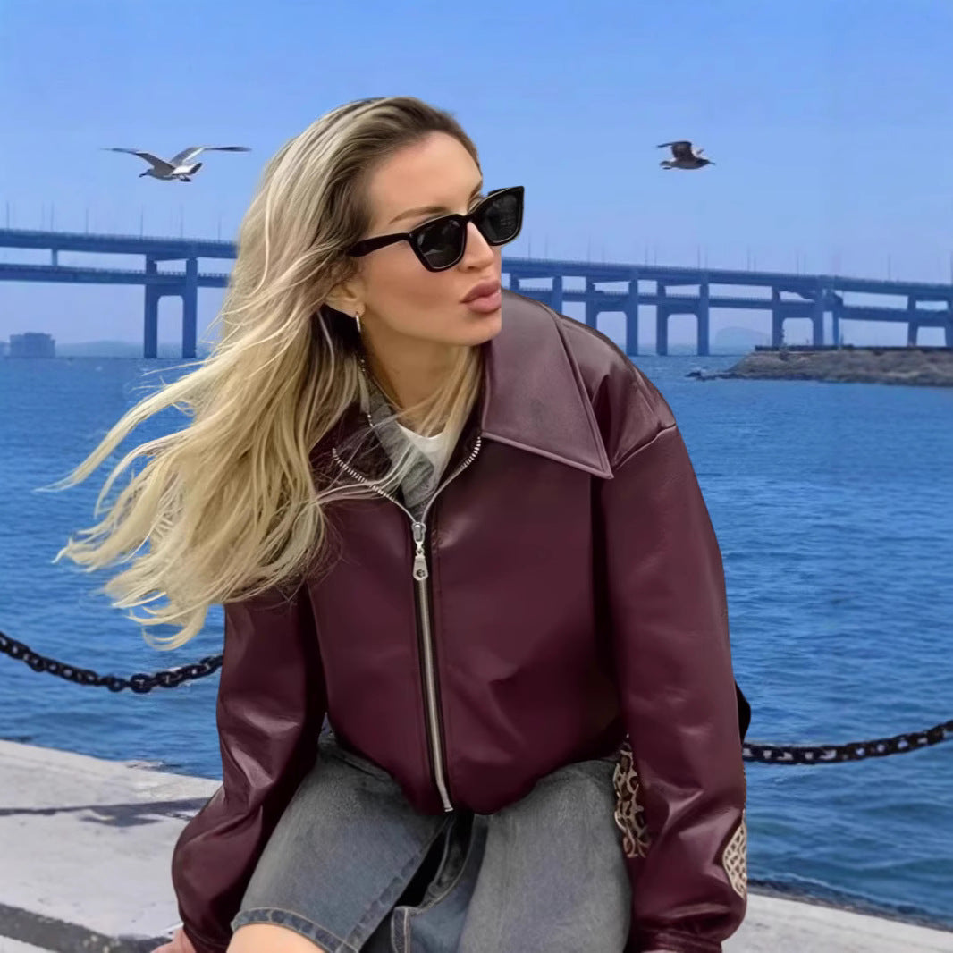 Damen moderne Bikerjacke mit glänzendem Kunstleder Drune