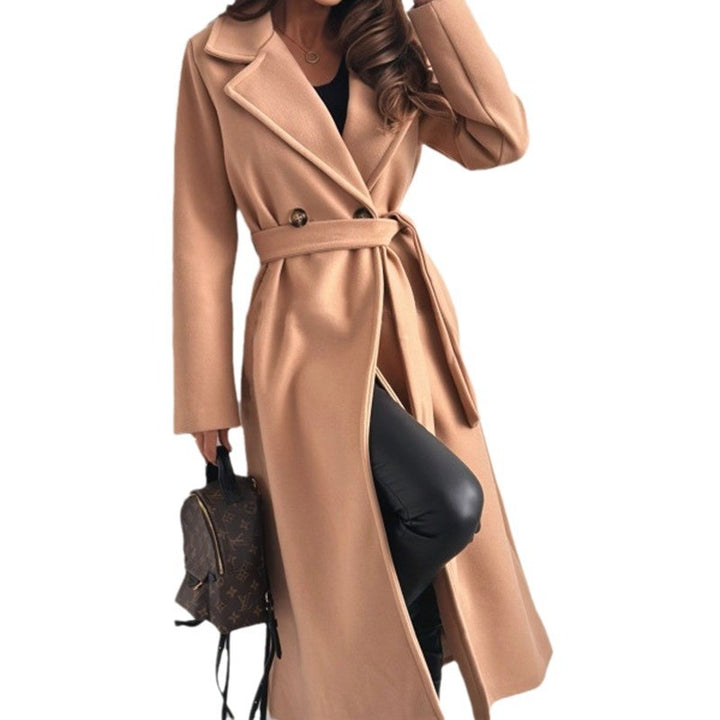 Damen eleganter taillierter Trenchcoat mit geschlossenem Kragen und Gürtel Drune