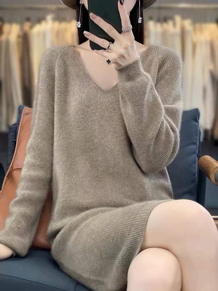 Damen gemütliches Strickkleid mit V-Ausschnitt und lässigem Schnitt Drune