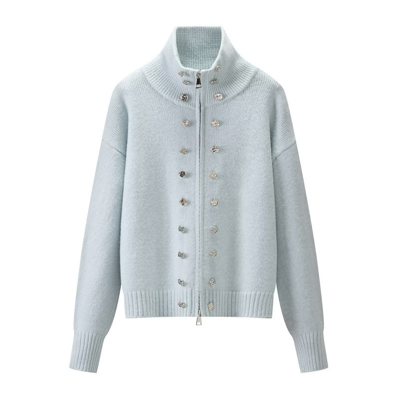 Damen Cropped Strickjacke mit hohem Stehkragen, Zierknopfleiste und Doppelreißverschluss Drune