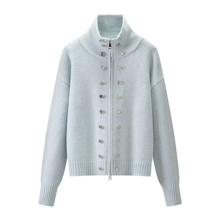 Damen Cropped Strickjacke mit hohem Stehkragen, Zierknopfleiste und Doppelreißverschluss Drune