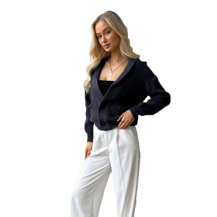 Damen gemütliche Strickjacke mit großen Taschen und modischem Kragen Drune