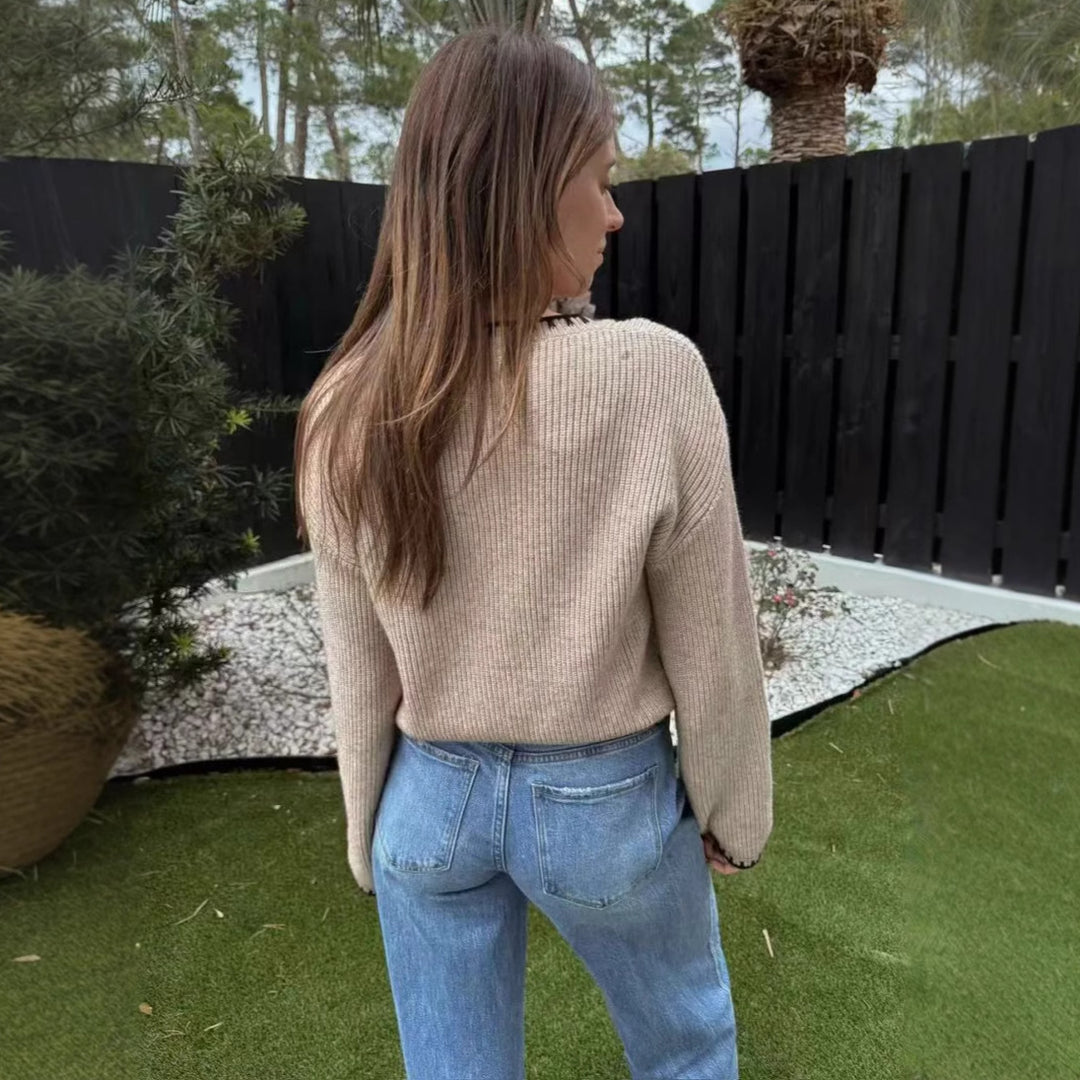 Damen nan gerippte Strickjacke mit Rundhals, kontrastierender Paspel und durchgehender Knopfleiste Drune