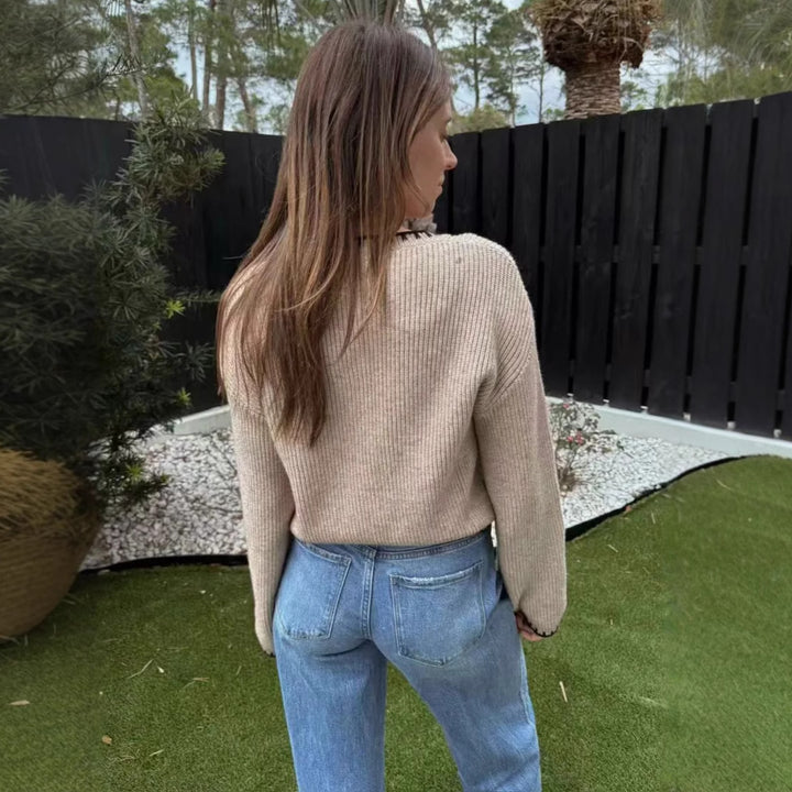 Damen nan gerippte Strickjacke mit Rundhals, kontrastierender Paspel und durchgehender Knopfleiste Drune
