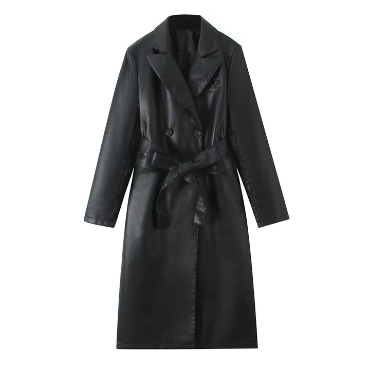 Damen Kunstleder Trenchcoat mit taillierbarem Gürtel und doppelter Knopfleiste Drune