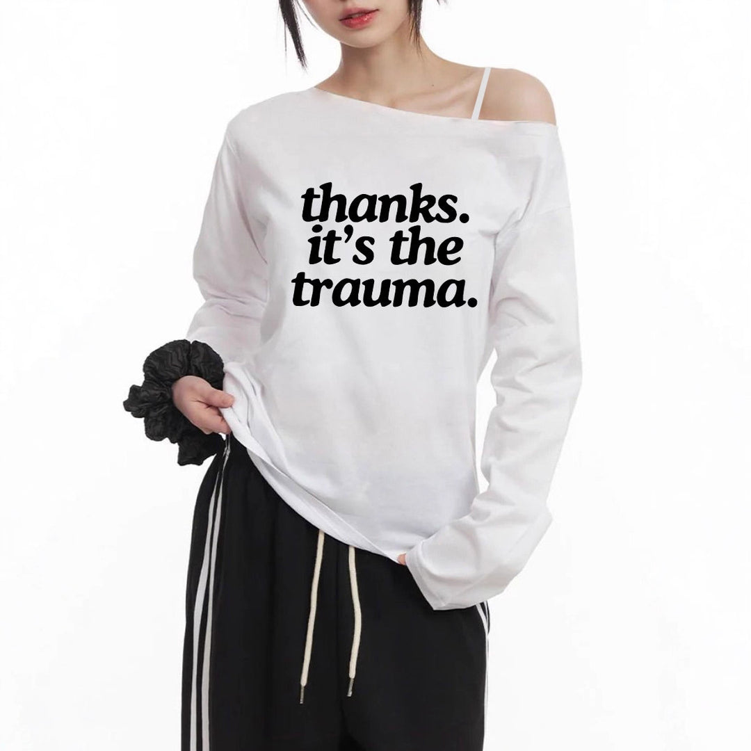 Damen nan Off-Shoulder Langarm-Cropshirt mit Statement-Print, asymmetrischem Ausschnitt und lockerem Oversize-Schnitt Drune