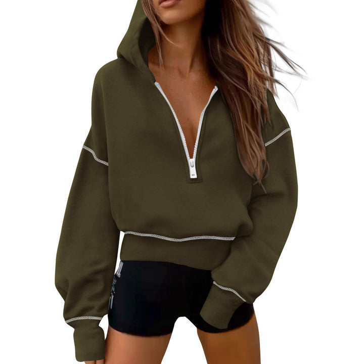 Damen nan cropped Kapuzenpullover mit halbem Reißverschluss und voluminösen Ballonärmeln Drune