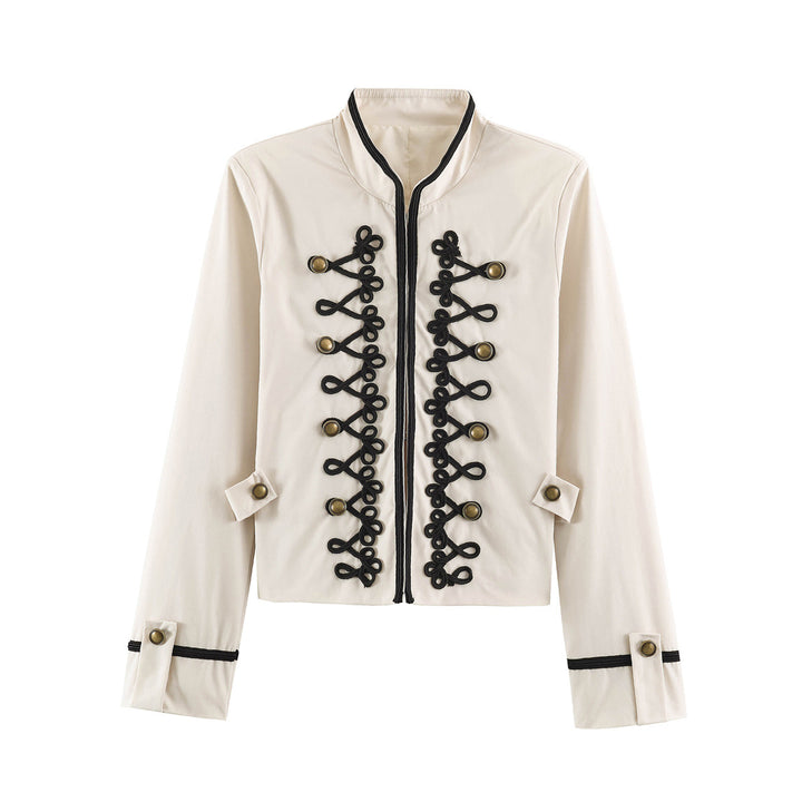 Damen Cropped-Kurzblazer im Kavallerie-Stil mit dekorativen Kordelriemen und Messingbuttons Drune
