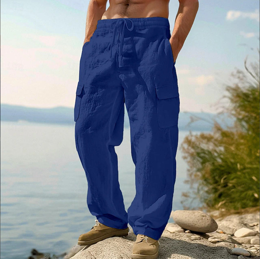 Herren weite Casual-Cargohose aus Leinen-Baumwollmix mit Elastikbund, Tunnelzug und großen Pattentaschen Drune