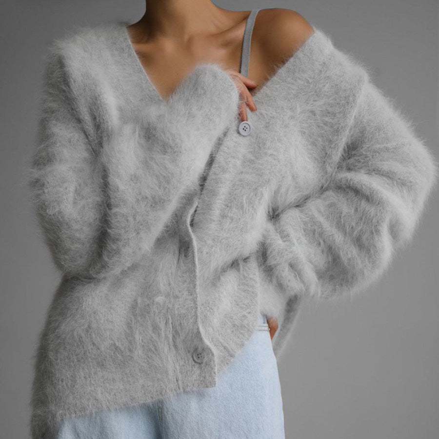 Damen Kuscheliger Oversize-Cardigan aus Teddy-Strick mit tiefem V-Ausschnitt Drune