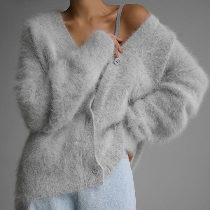 Damen Kuscheliger Oversize-Cardigan aus Teddy-Strick mit tiefem V-Ausschnitt Drune