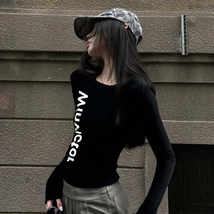 Damen langärmliges, figurbetontes T-Shirt mit modernem Schriftzug Drune