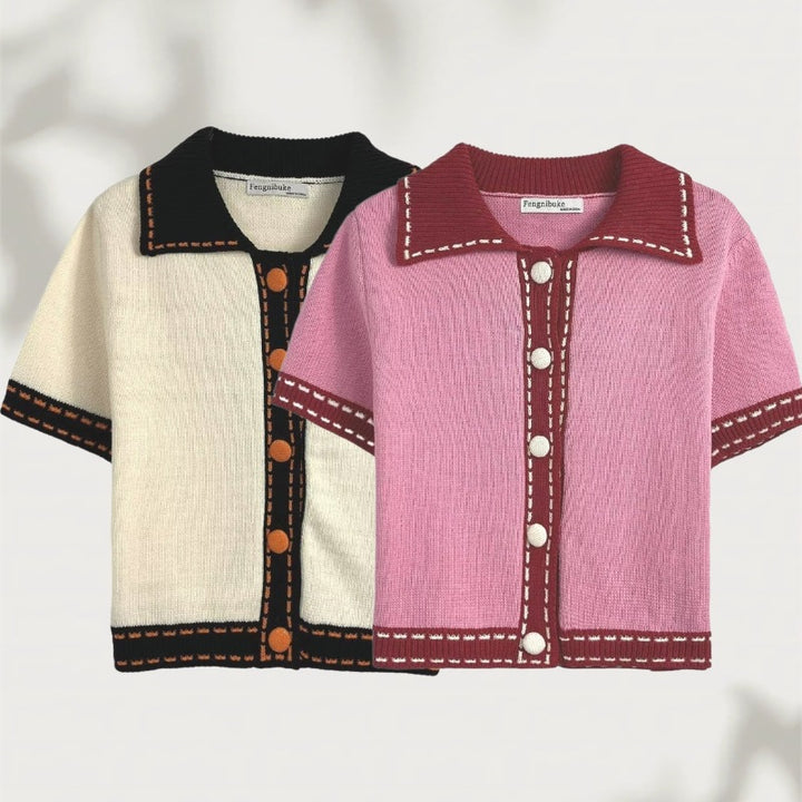 Damen Kurzarmpullover mit kontrastierenden Details Drune