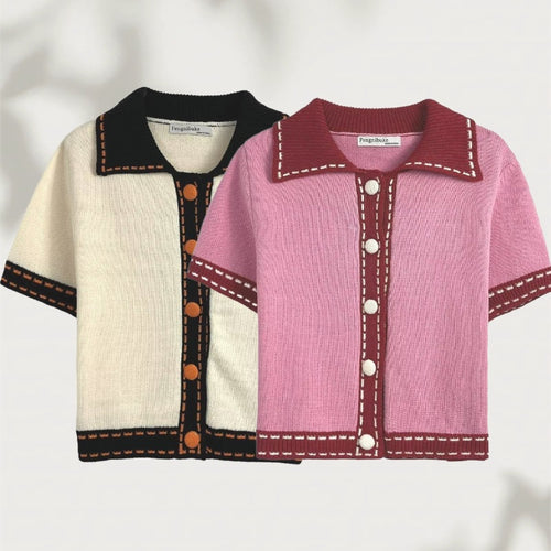 Damen Kurzarmpullover mit kontrastierenden Details Drune