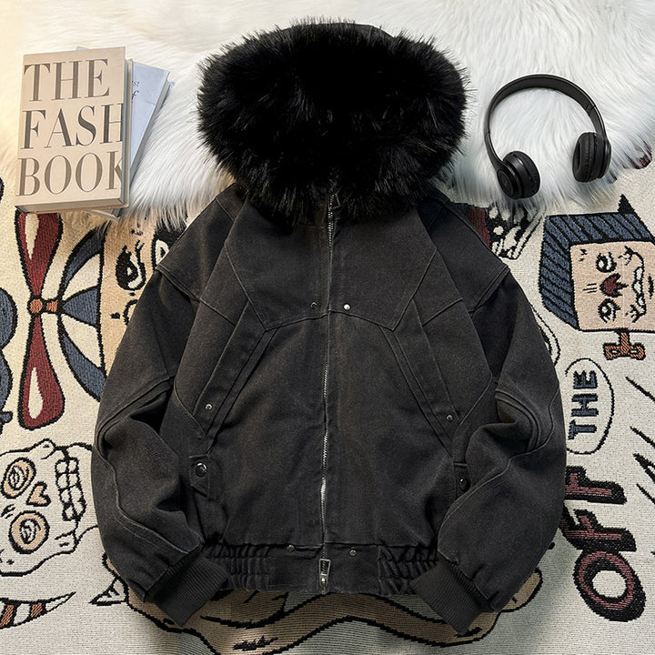 Unisex Wattierte Bomberjacke mit großer Kapuze und Kunstfellbesatz Drune