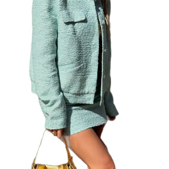 Damen Tweed-Zweiteiler Kurzjacke und Minirock im Bouclé-Stil Drune