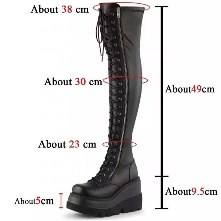 Damen Overknee-Boots im Biker-Stil mit durchgehender Schnürung, Seitenreißverschluss und klobiger Plateausohle Drune