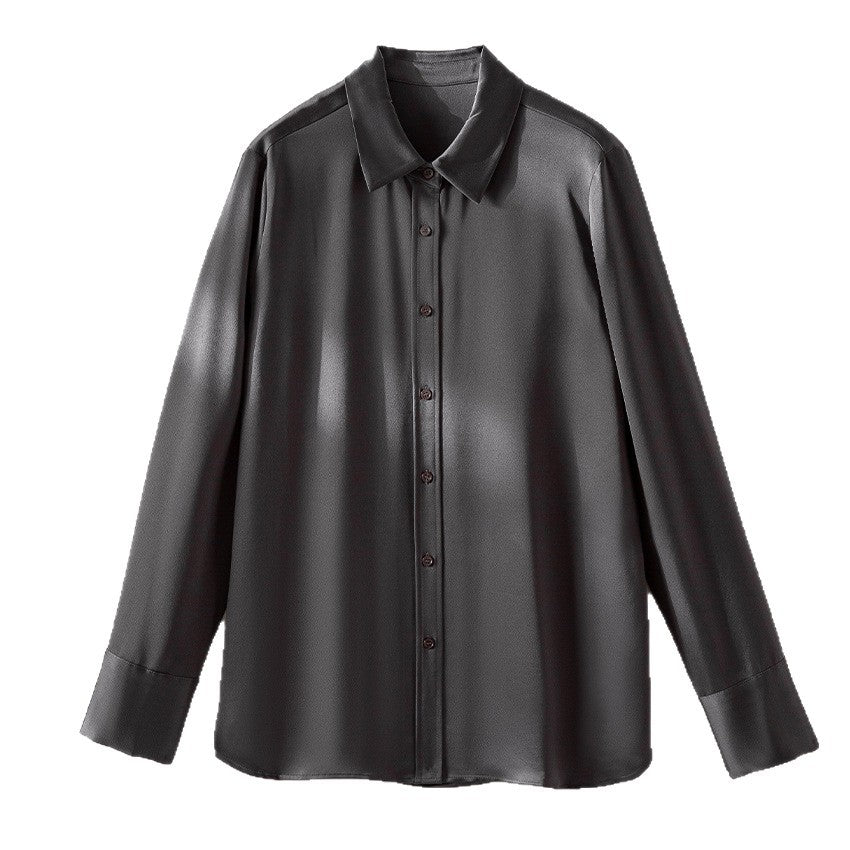 Damen Seiden-Optik Bluse mit Hemdkragen, verdeckter Knopfleiste und verlängertem Manschetten-Detail Drune