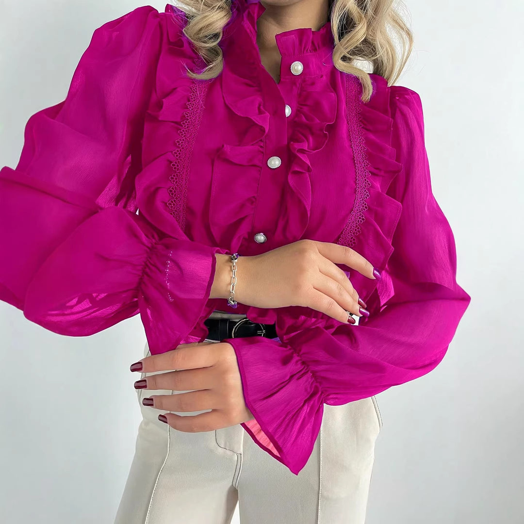 Damen Rüschenbluse aus Chiffon mit Stehkragen und Perlenknöpfen Drune