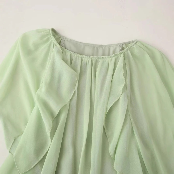 Damen nan fließendes Chiffon‑Midikleid mit Volantbesatz, weitem Glockenärmel und gerafftem Rundhalsausschnitt Drune