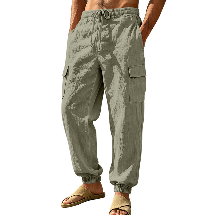 Herren nan leichte Cargo-Joggerhose aus Leinenmischung mit elastischem Tunnelzugbund, aufgesetzten Klappentaschen und gerippten Beinabschlüssen Drune