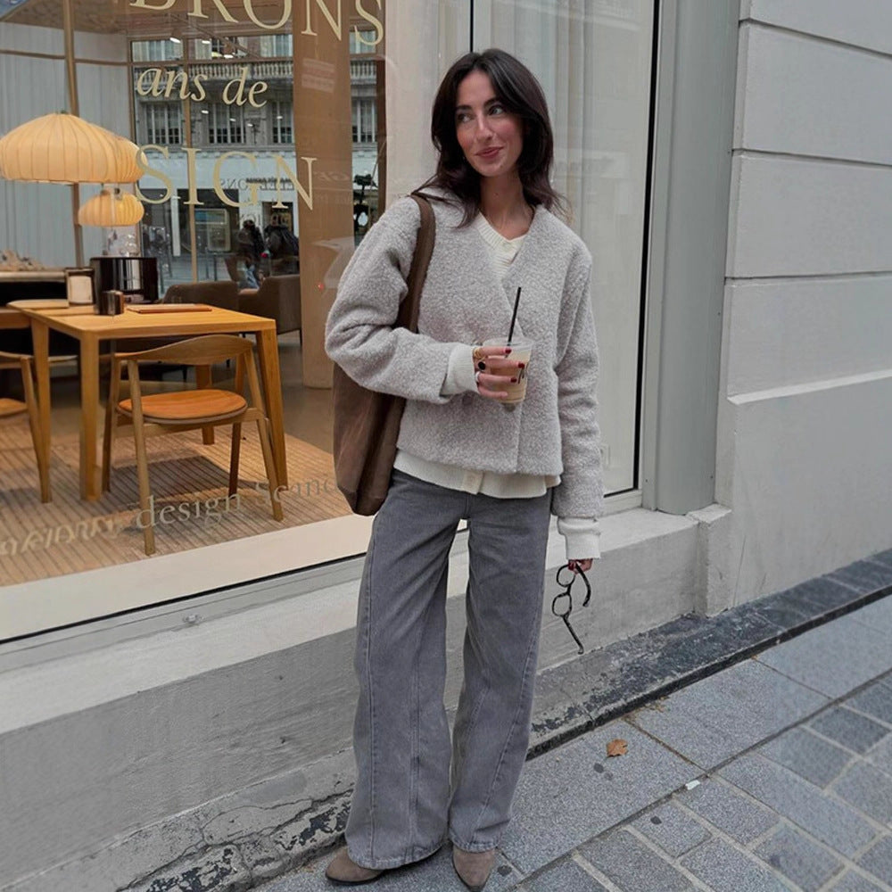 Damen Kurze Teddyjacke mit Doppelknopf-Verschluss und V‑Ausschnitt Drune