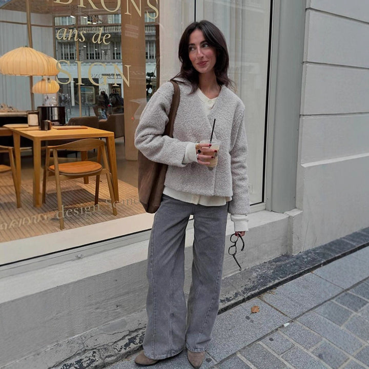 Damen Kurze Teddyjacke mit Doppelknopf-Verschluss und V‑Ausschnitt Drune