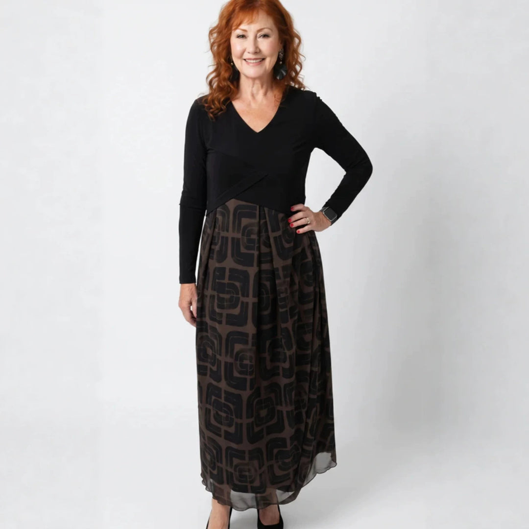 Damen nan V-Ausschnitt Maxikleid mit tailliertem Wickeloberteil und transparentem gemustertem Overlayrock Drune