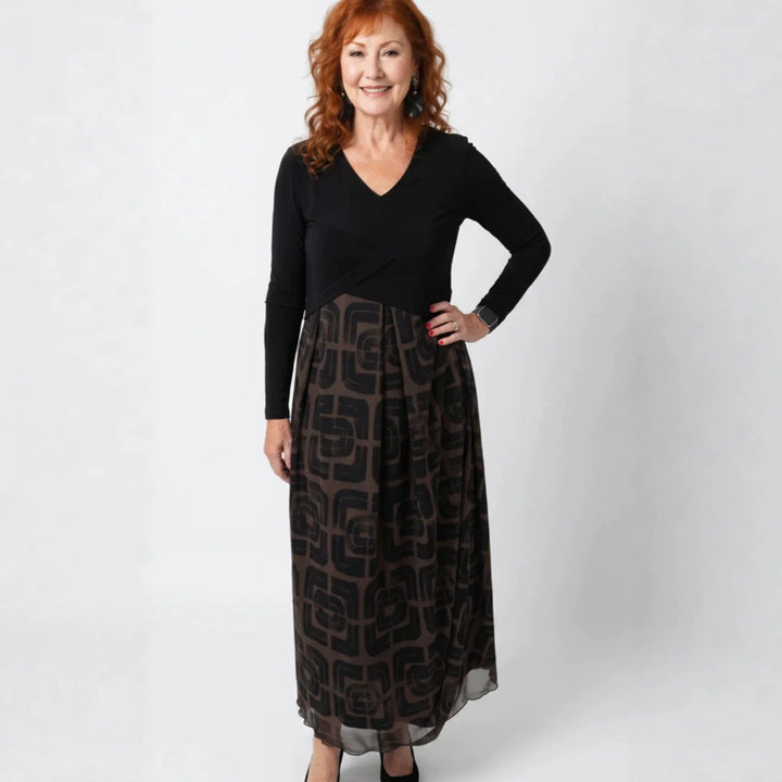Damen nan V-Ausschnitt Maxikleid mit tailliertem Wickeloberteil und transparentem gemustertem Overlayrock Drune