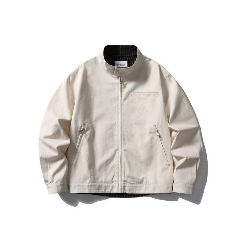 Herren leichte Baumwoll-Canvas Jacke mit Stehkragen und kariertem Innenfutter Drune