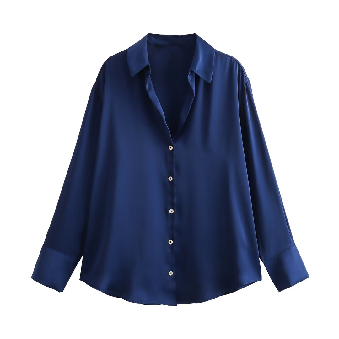 Damen Oversized Satinbluse mit Hemdkragen und breiten Manschetten Drune