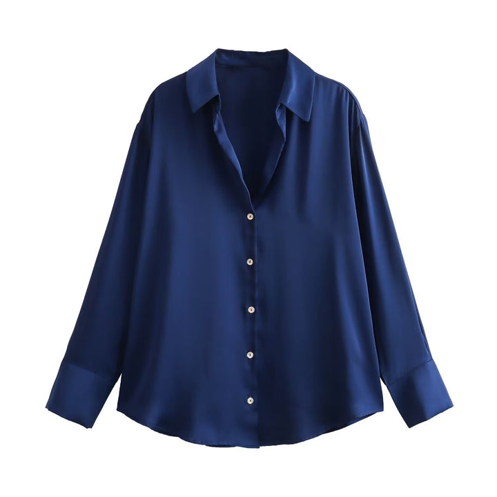 Damen Oversized Satinbluse mit Hemdkragen und breiten Manschetten Drune