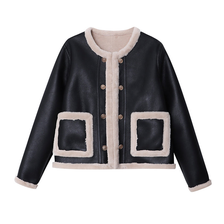 Damen Modische Kunstlederjacke mit Futter Drune