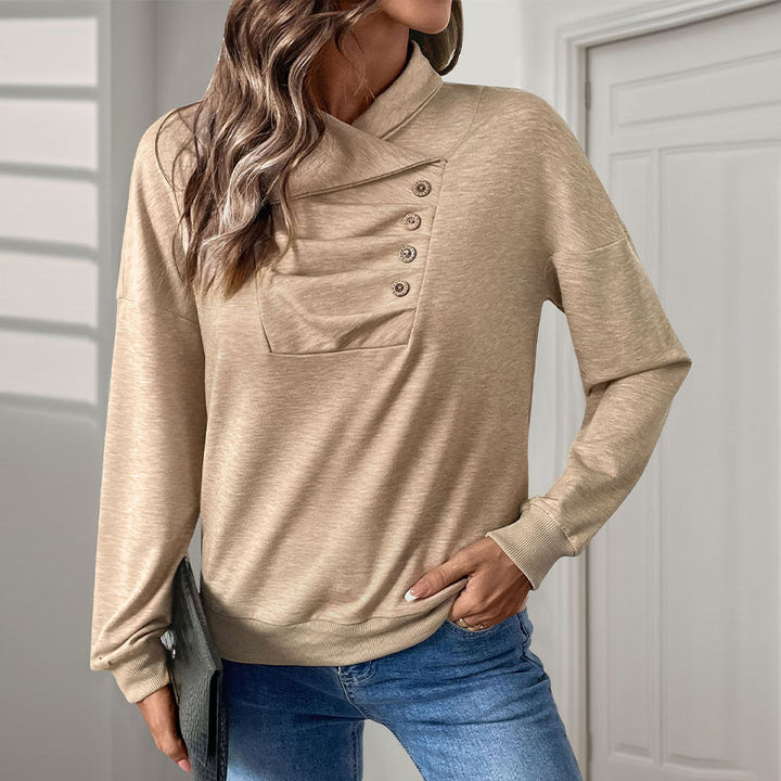 Damen Gekreuzter Stehkragen-Sweatshirt mit Knopfblende und gerippten Bündchen Drune