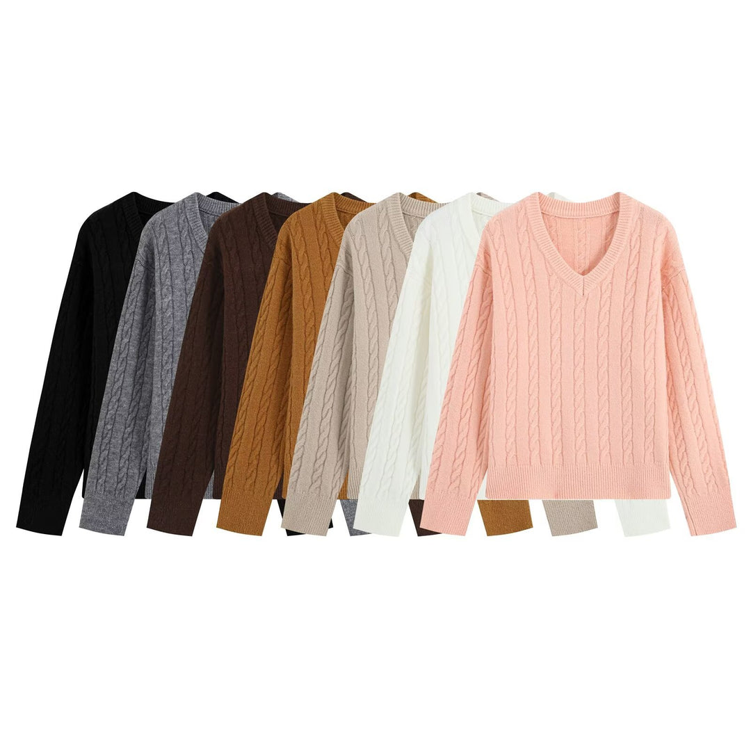 Damen Oversize Zopfmuster-Pullover mit V-Ausschnitt und breitem Rippbündchen Drune