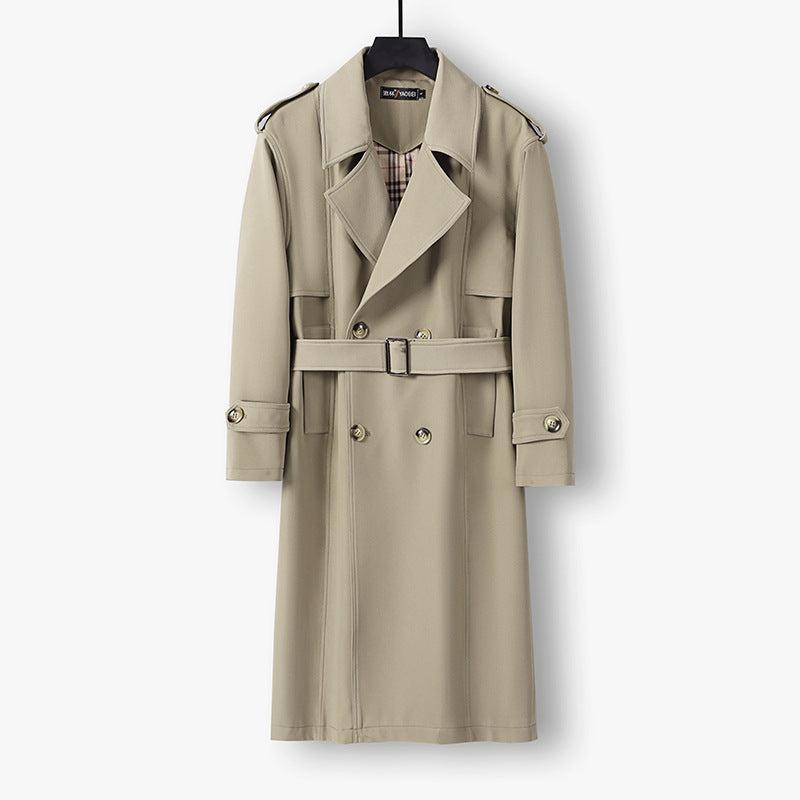 Herren Midilanger Doppelreihiger Trenchcoat mit Taillengürtel, abgefalcetem Revers und kariertem Innenfutter Drune