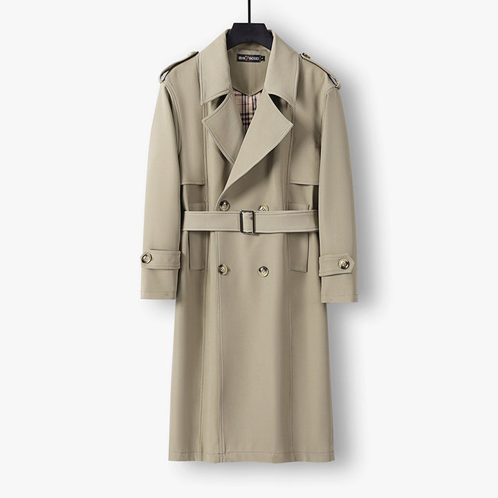 Herren Midilanger Doppelreihiger Trenchcoat mit Taillengürtel, abgefalcetem Revers und kariertem Innenfutter Drune