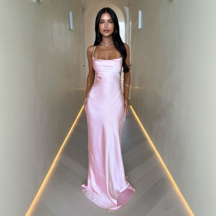 Damen Elegantes Satinabendkleid mit spaghettiträgern und fließendem Schnitt Drune