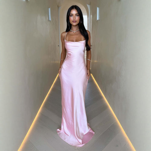 Damen Elegantes Satinabendkleid mit spaghettiträgern und fließendem Schnitt Drune