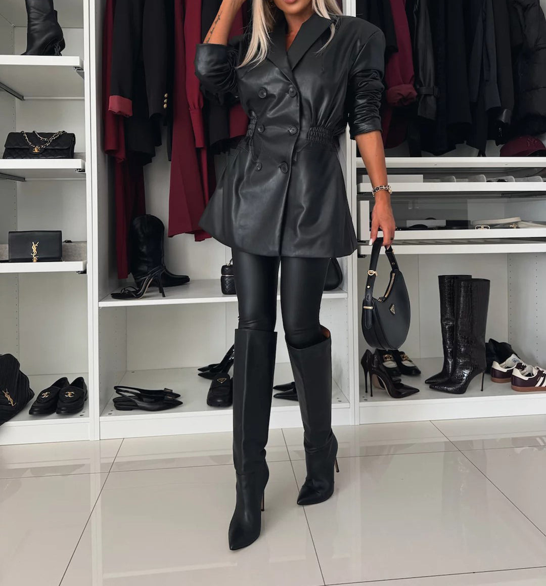 Damen eleganter Blazer aus Kunstleder mit Taillierung Drune
