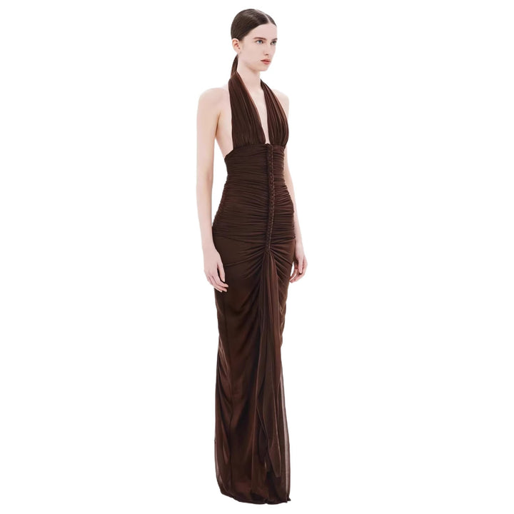 Damen Exquisites gerafftes Maxikleid mit tiefem V-Ausschnitt und eleganten Drapierungen Drune