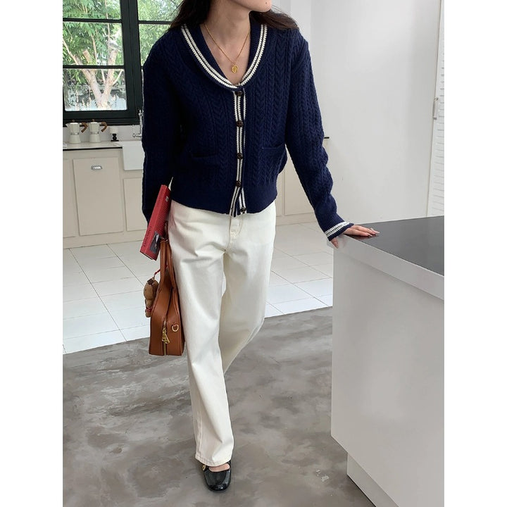Damen elegante Strickjacke mit klassischem Schalkragen Drune