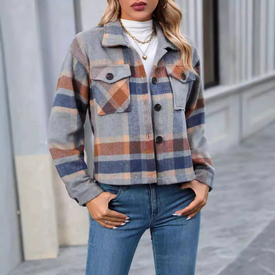 Damen Karierte Flanelljacke mit Taschen Drune